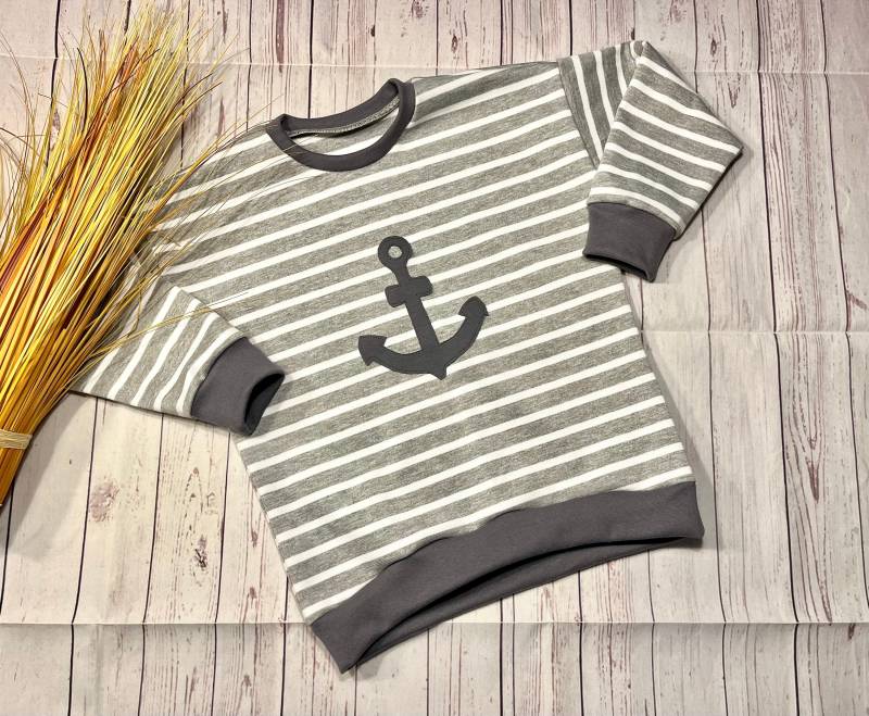 Oversize Sweater Sweat Maritim „Anker " Gr. 116 Hellgrau/Anthrazit, Pullover Baby Bio Unikat Sweatpullover von KleineNaeaehmadame