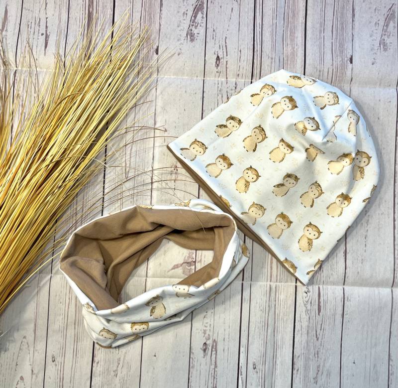 Set Beanie Loop Ku 44-60 Baby Kinder Erwachsene Eule, Bio-Jersey, Babymütze Mädchen Und Jungen von KleineNaeaehmadame