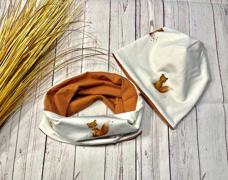 Set Beanie Loop Ku 44-60 Baby Kinder Erwachsene Fuchs, Bio-Jersey, Babymütze Mädchen Und Jungen von KleineNaeaehmadame