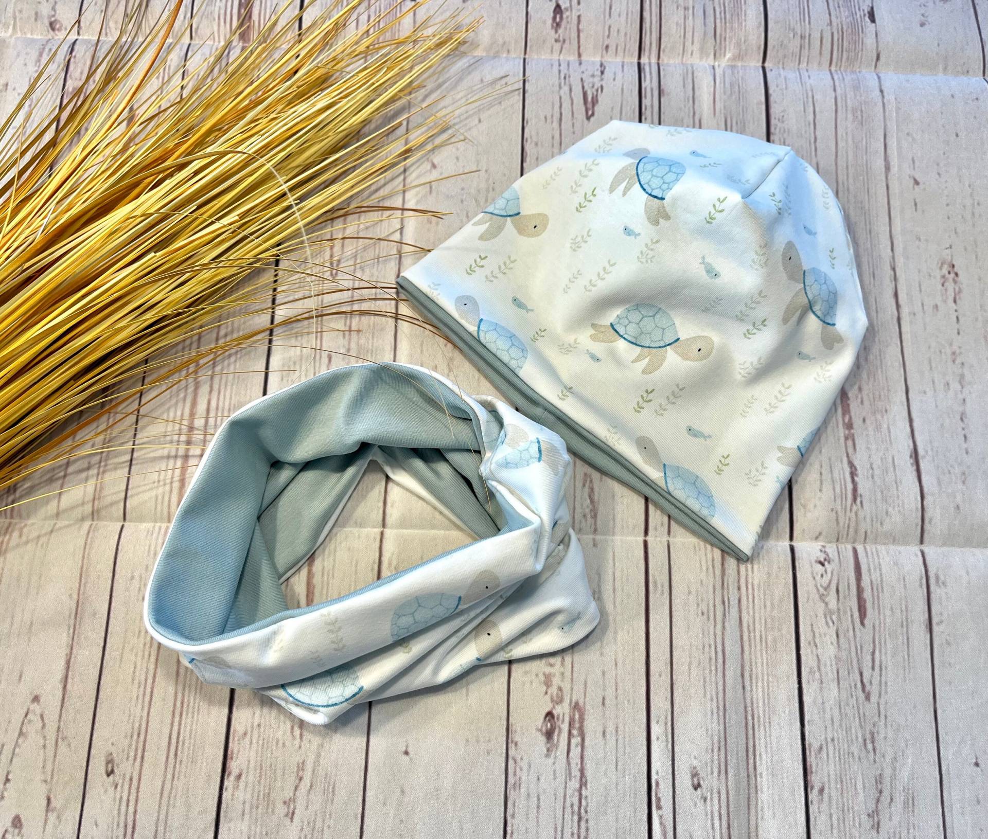 Set Beanie Loop Ku 44-60 Baby Kinder Erwachsene Schildkröte Maritim, Bio-Jersey, Babymütze Mädchen Und Jungen von KleineNaeaehmadame