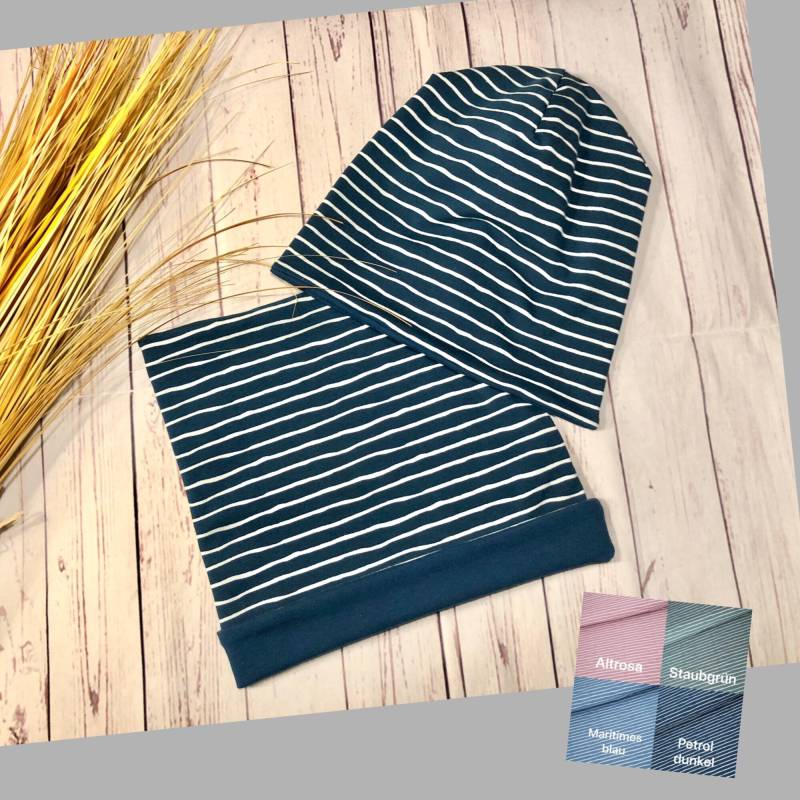 Set Beanie Loop Ku 44-60 Baby Kinder Erwachsene Streifen Petrol Oder Andere Farbe, Bio-Jersey, Babymütze Mädchen Und Jungen von KleineNaeaehmadame