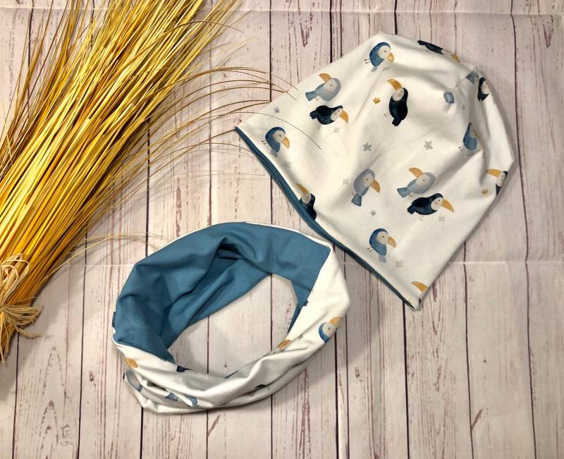 Set Beanie Loop Ku 44-60 Baby Kinder Erwachsene Tukan, Bio-Jersey, Babymütze Mädchen Und Jungen von KleineNaeaehmadame