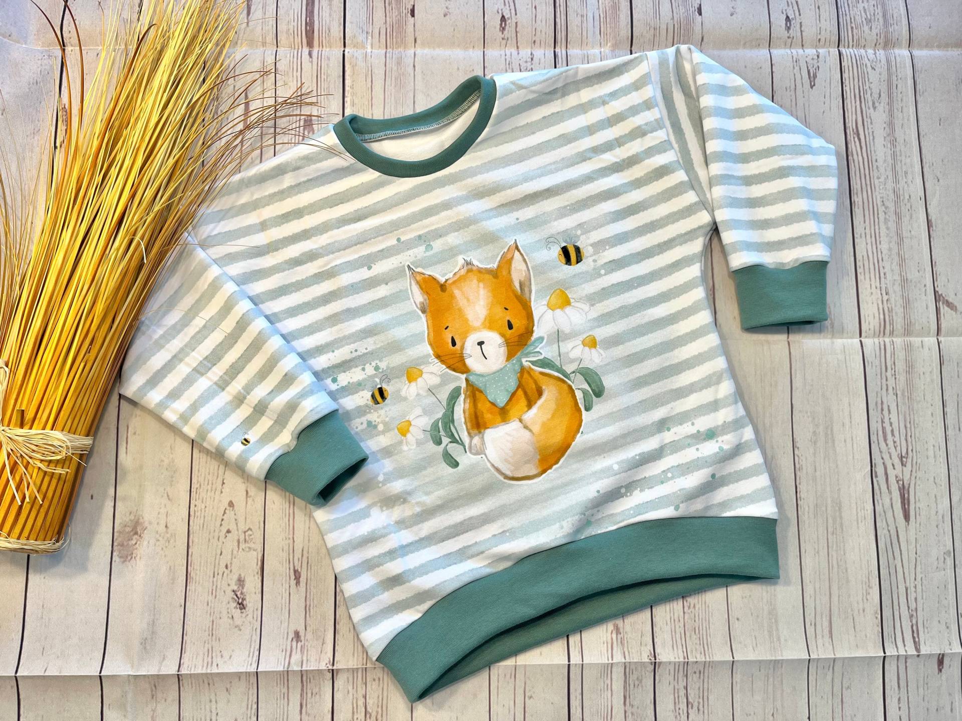 Unikat Oversize Sweater Baby „Fuchs Gestreift" Gr. 80-116 Mint, Pullover Bio-French Terry, Sweatpullover Übergangszeit Sommer Winter von KleineNaeaehmadame