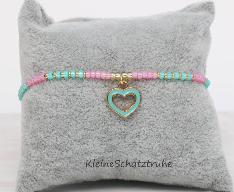 Filigranes Freundschaftsarmband - Miyuki Herz- Gold Rosa Türkis von KleineSchatztruhe