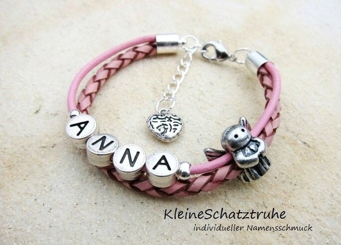 Leder Namensarmband Engel Für Mädchen Rosa von KleineSchatztruhe