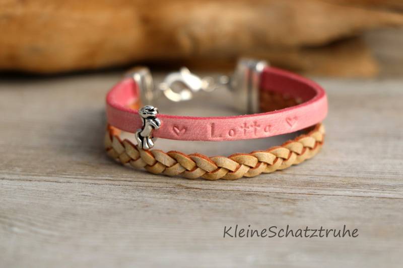 Leder Namensarmband Für Mädchen Pony Rosa Natur von KleineSchatztruhe