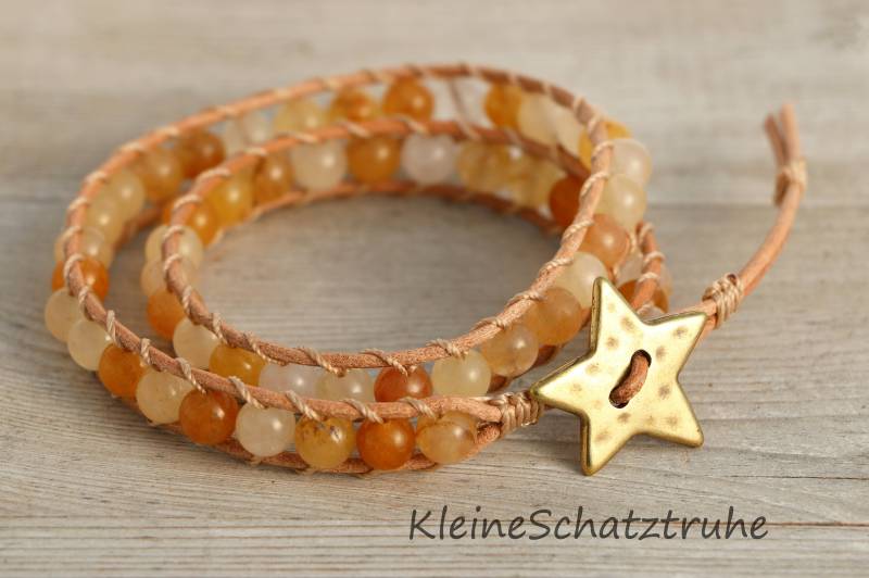 Leder Wickelarmband Naturfarben Mit Honig-Jadeperlen Stern-Knopfverschluss von KleineSchatztruhe