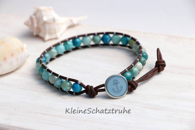 Lederarmband Braun - Geknüft Mit Türkis Natursteinperlen Ankerknopfverschluss von KleineSchatztruhe