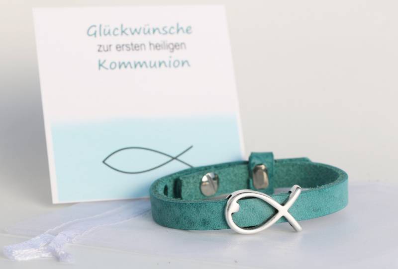 Lederarmband Kommunion Mit Fisch in Wunschfarbe von KleineSchatztruhe