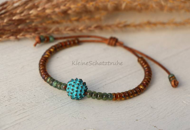 Lederarmband Mit Miyuki Seed Beads Braun Grün von KleineSchatztruhe