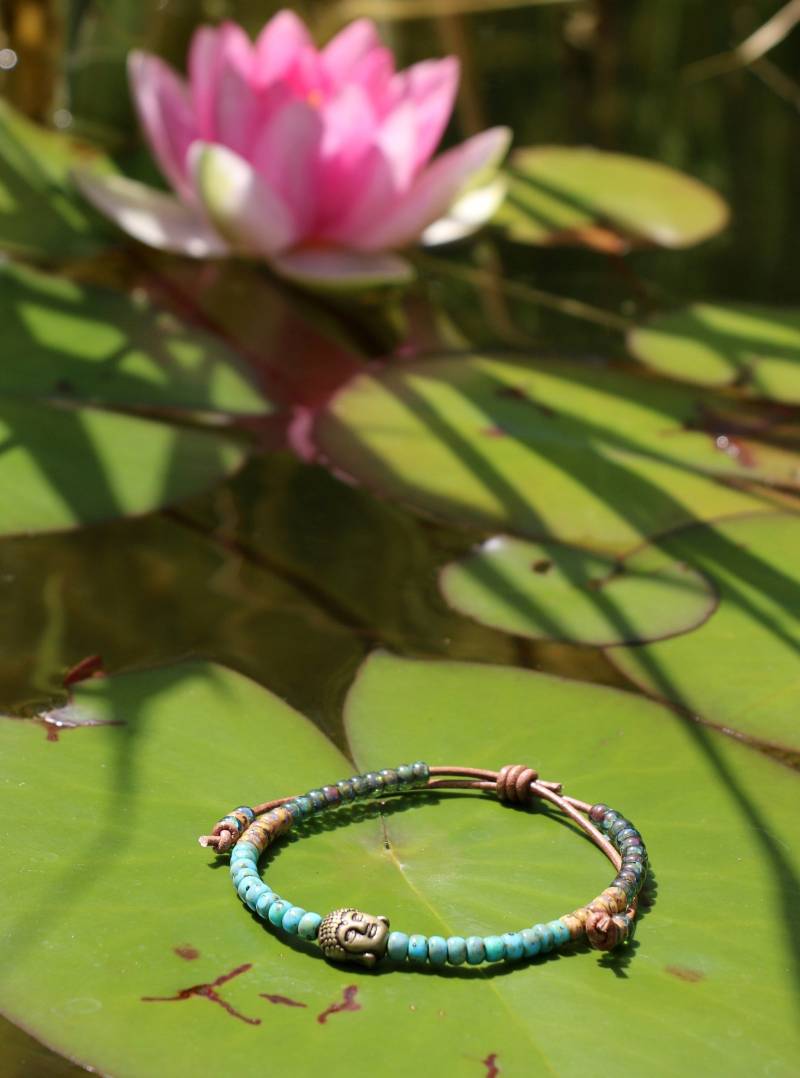Lederarmband Mit Miyuki Seed Beads Grün Türkis Braun Bronze Buddha von KleineSchatztruhe