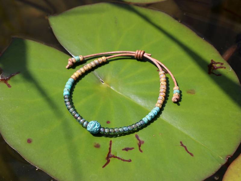 Lederarmband Mit Miyuki Seed Beads Türkis Braun Grün von KleineSchatztruhe