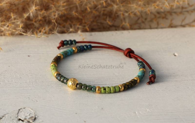 Lederarmband Mit Miyuki Seed Beads Türkis Grün Gold von KleineSchatztruhe