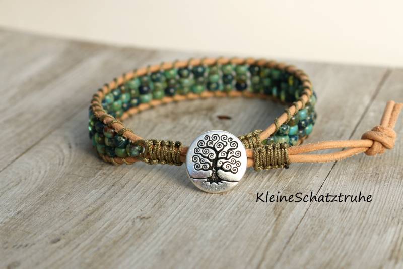 Lederarmband Naturfarben - Lebensbaum Geknüft Mit Miyuki Seed Beads von KleineSchatztruhe