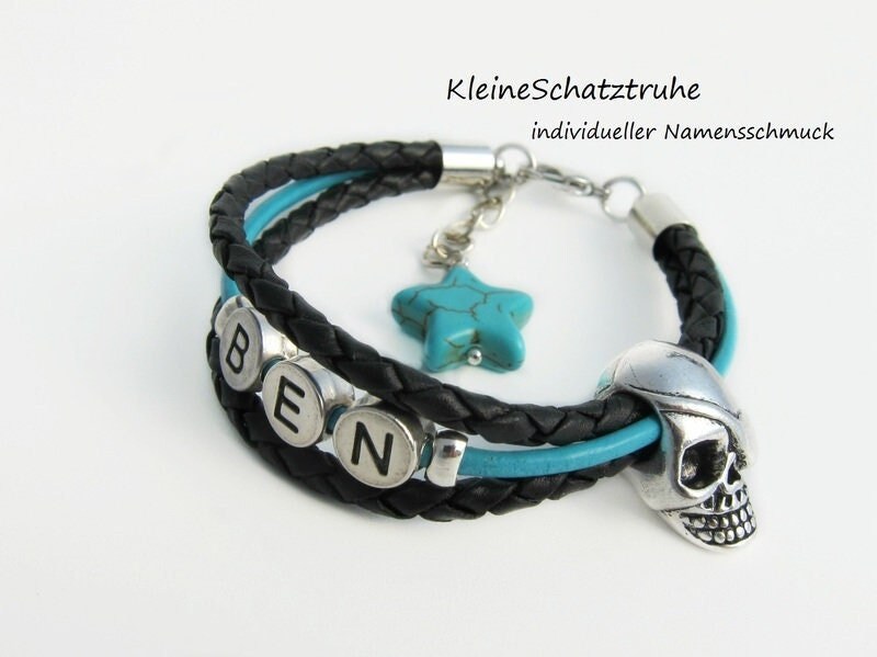 Namensarmband Leder Für Jungs Pirat Schwarz Türkis von KleineSchatztruhe
