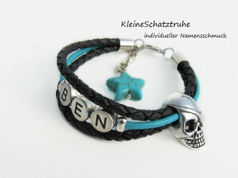 Namensarmband Leder Für Jungs Pirat Schwarz Türkis von KleineSchatztruhe