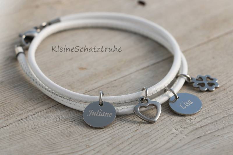 Nappaleder Armband Gravur Edelstahl Herz Kleeblatt von KleineSchatztruhe