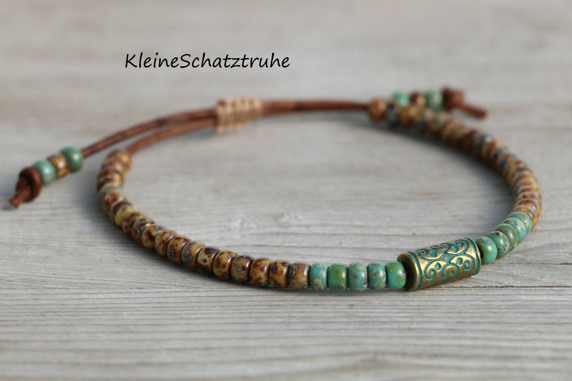 Seed Beads Lederarmband Türkis Braun Bronze Patiniert von KleineSchatztruhe