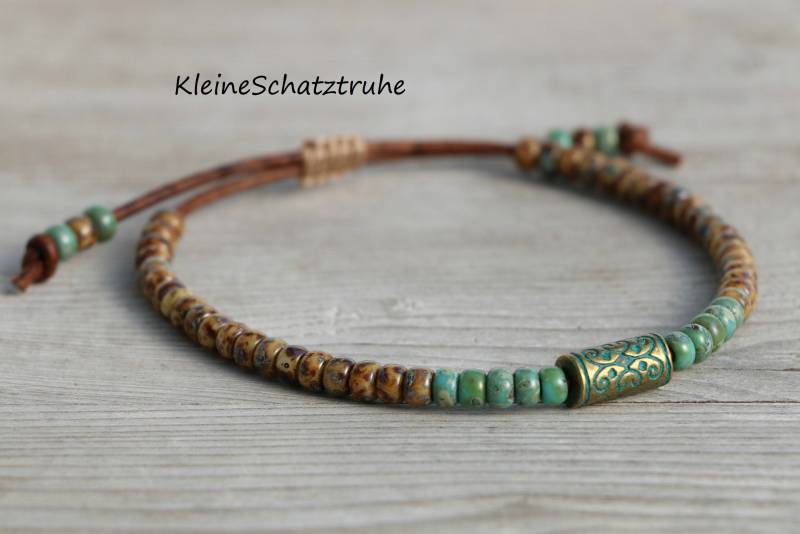 Seed Beads Lederarmband Türkis Braun Bronze Patiniert von KleineSchatztruhe