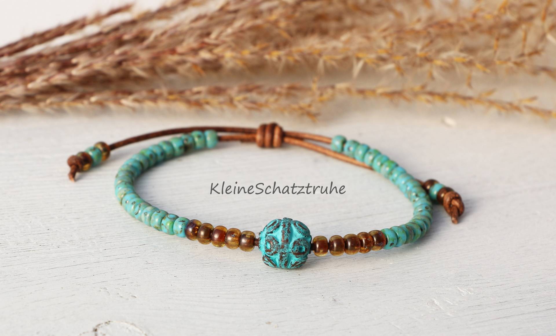 Seed Beads Lederarmband Türkis Braun Kupfer Patiniert von KleineSchatztruhe