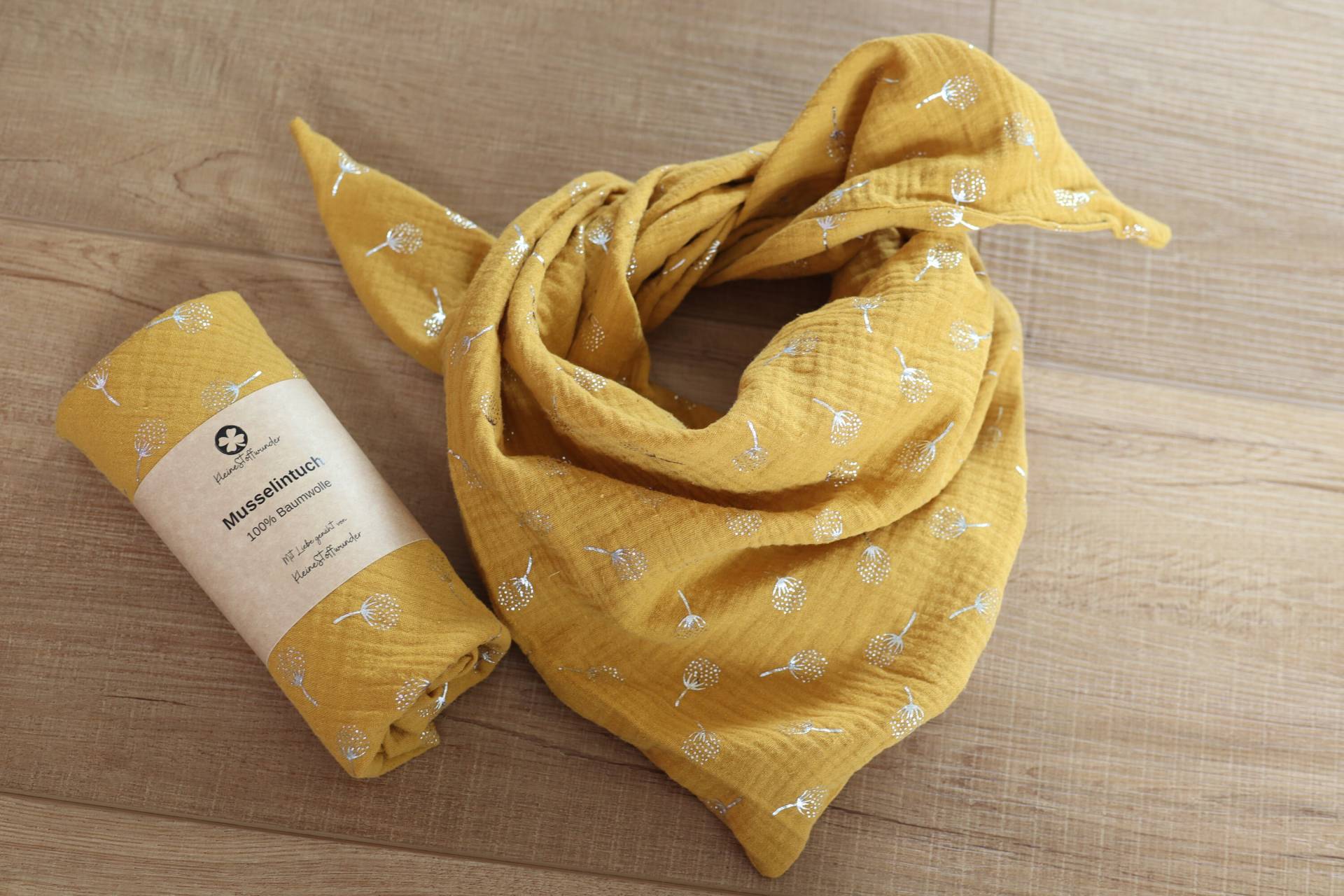 Halstuch Für Kinder Und Baby Musselin Dreieckstuch Mädchen Gelb Pusteblumen Silber Mit Label von KleineStoffwunder