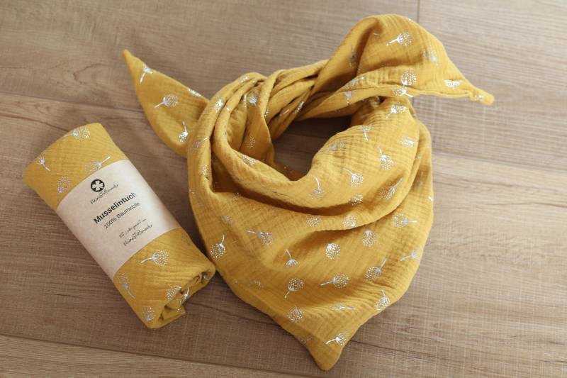 Halstuch Für Kinder Und Baby Musselin Dreieckstuch Mädchen Gelb Pusteblumen Silber Mit Label von KleineStoffwunder