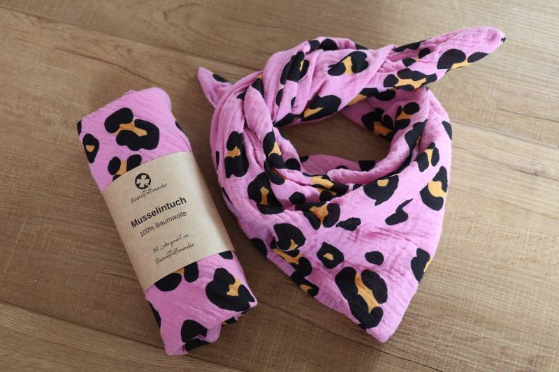Halstuch Für Kinder Und Baby Musselin Dreieckstuch Mädchen Rosa Leo Muster Mit Label von KleineStoffwunder