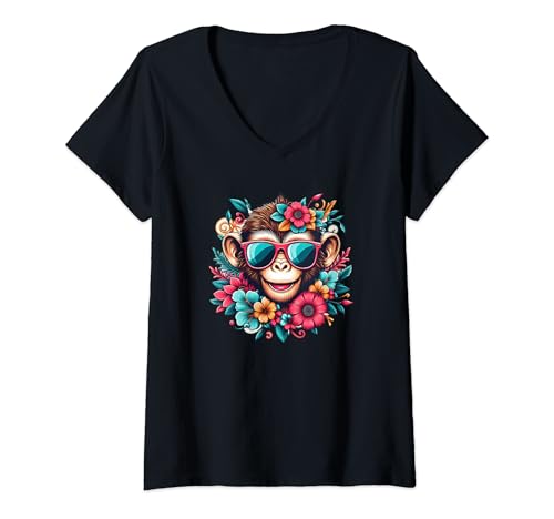 Damen Kleiner cooler Affe mit Sonnenbrille umgeben von Blumen T-Shirt mit V-Ausschnitt Damen Kleiner cooler Affe mit Sonnenbrille umgeben von Blumen T-Shirt mit V-Ausschnitt von Kleiner Affe mit Sonnenbrille und Blumen