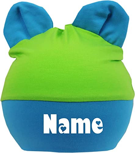 Kleiner Fratz Kinder Baby Mütze mit Ohren Jungen Mädchen Babymütze Hat mitwachsend mit Namen des Kindes (Gr.1 (KU 35-42) (Gr. 56-74), royal-lime) von Kleiner Fratz