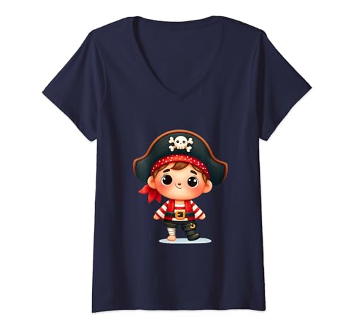 Damen Kleiner Junge Pirat Jungen Comic Cartoon Matrose Seemann T-Shirt mit V-Ausschnitt Damen Kleiner Junge Pirat Jungen Comic Cartoon Matrose Seemann T-Shirt mit V-Ausschnitt von Kleiner Junge Pirat Jungen Comic Cartoon Matrose