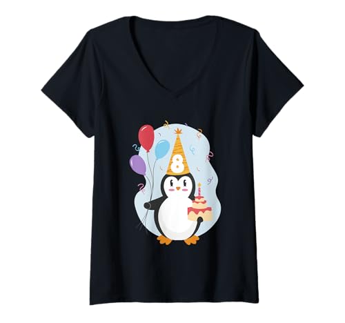 Damen Pinguin Luftballon und Torte Kinder Geburtstag 8 Jahre Kind T-Shirt mit V-Ausschnitt von Kleiner Pinguin Geburtstag für Kind Kinder