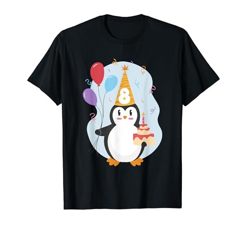 Pinguin Luftballon und Torte Kinder Geburtstag 8 Jahre Kind T-Shirt von Kleiner Pinguin Geburtstag für Kind Kinder