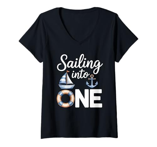 Damen Segeln zu einem Geburtstag Nautischer Spaß T-Shirt mit V-Ausschnitt von Kleiner Seemann Erste Geburtstagsfeier Kleidung