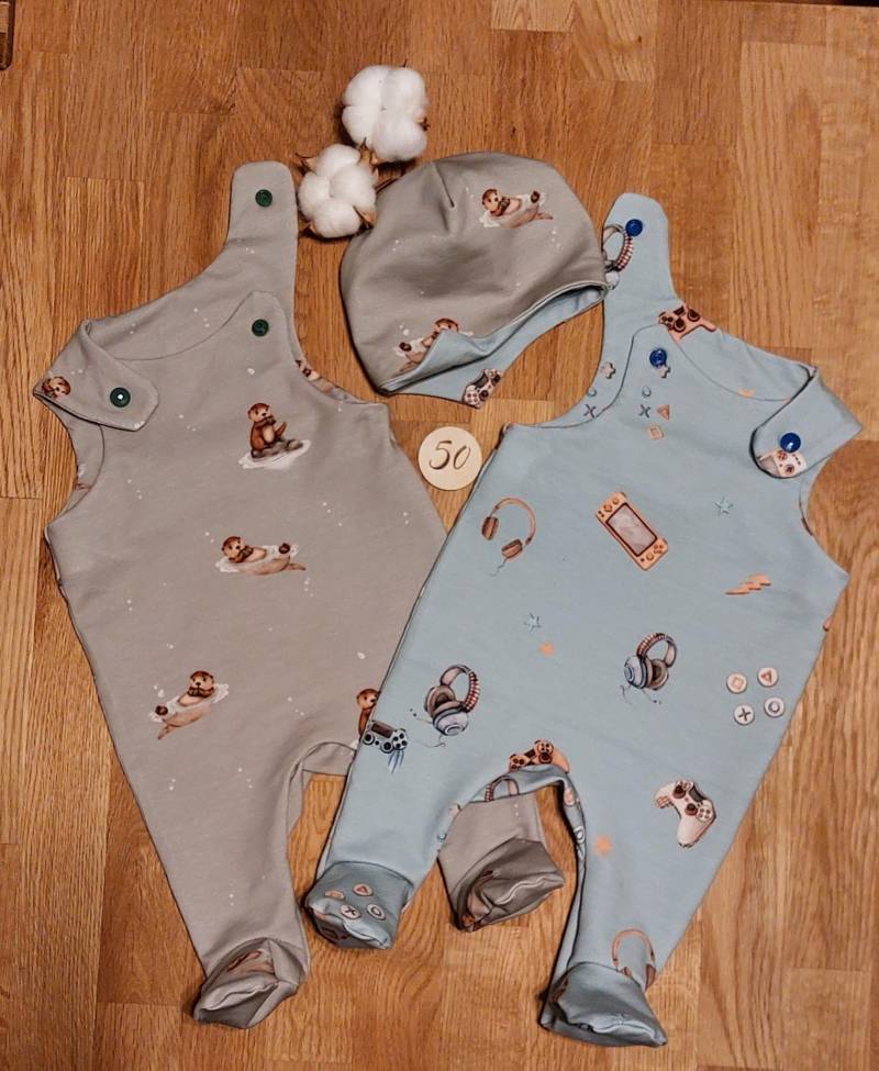 Natürliches Baby Erstlingsset - Wendemütze & 2 Strampler Aus French Terry/Kleiner Otter Und Gameboy Handgemachtes Neugeborenen Set von KleinerConni