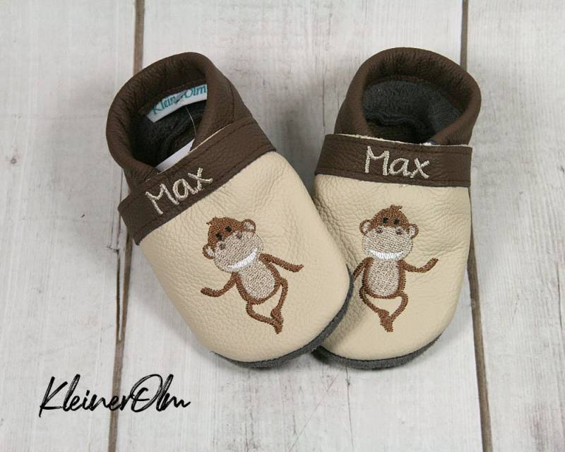 Krabbelpuschen Lederpuschen Babyschuhe Krabbelschuhe Affe Name von KleinerOlm
