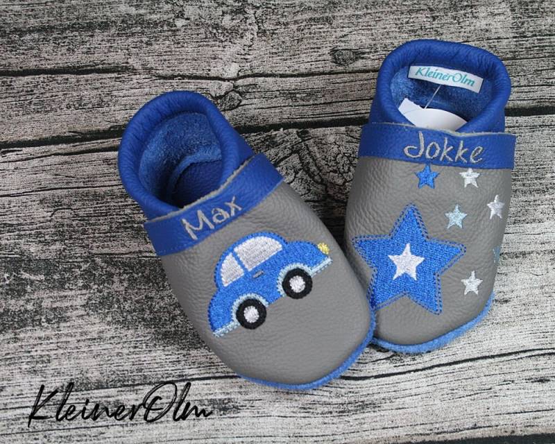 Krabbelpuschen Lederpuschen Babyschuhe Krabbelschuhe Auto Sterne von KleinerOlm