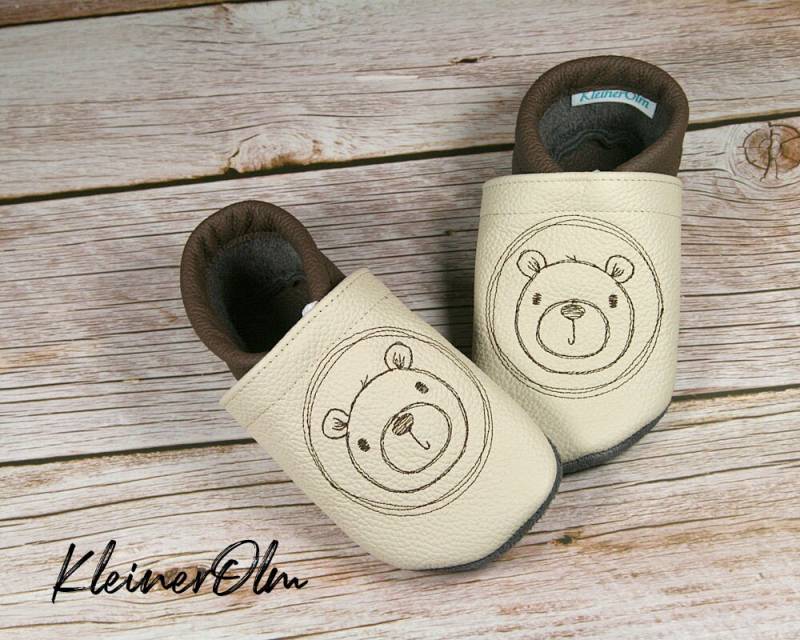 Krabbelpuschen Lederpuschen Babyschuhe Krabbelschuhe Bär Teddy Minimal Name von KleinerOlm