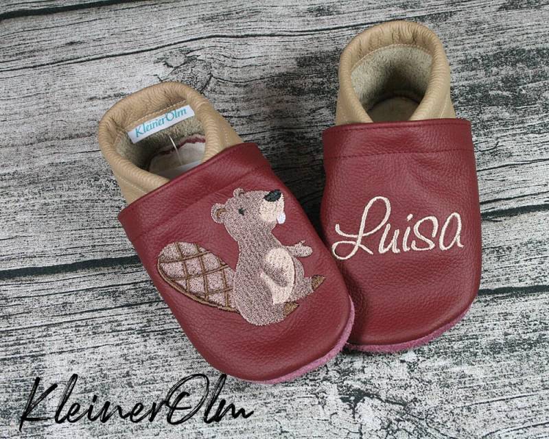Krabbelpuschen Lederpuschen Babyschuhe Krabbelschuhe Biber von KleinerOlm