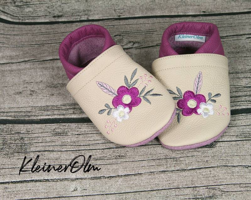 Krabbelpuschen Lederpuschen Babyschuhe Krabbelschuhe Blume Federblume, Feder, Boho von KleinerOlm