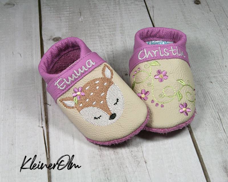Krabbelpuschen Lederpuschen Babyschuhe Krabbelschuhe Boho Reh, Name von KleinerOlm