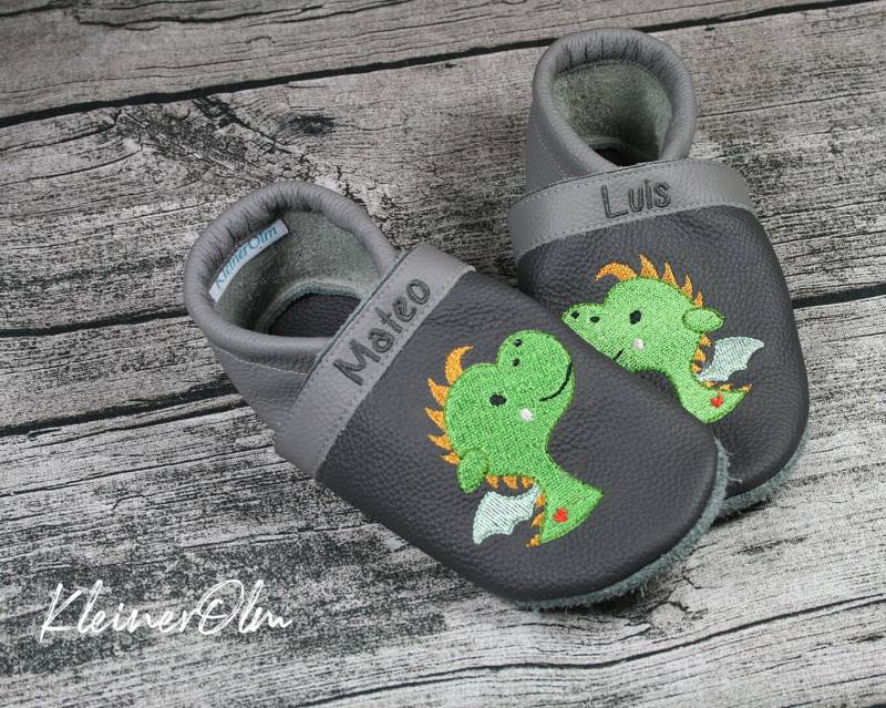 Krabbelpuschen Lederpuschen Babyschuhe Krabbelschuhe Drache von KleinerOlm