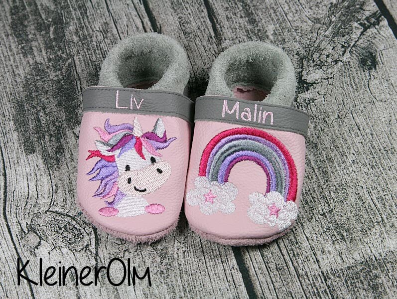 Krabbelpuschen Lederpuschen Babyschuhe Krabbelschuhe Einhorn Regenbogen von KleinerOlm