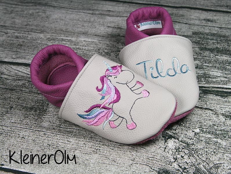 Krabbelpuschen Lederpuschen Babyschuhe Krabbelschuhe Einhorn von KleinerOlm