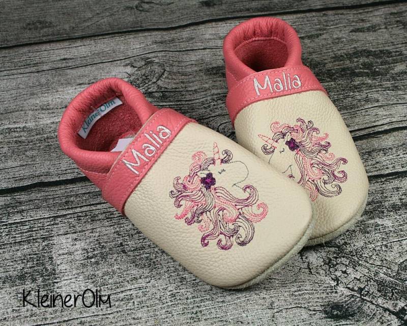 Krabbelpuschen Lederpuschen Babyschuhe Krabbelschuhe Einhorn von KleinerOlm