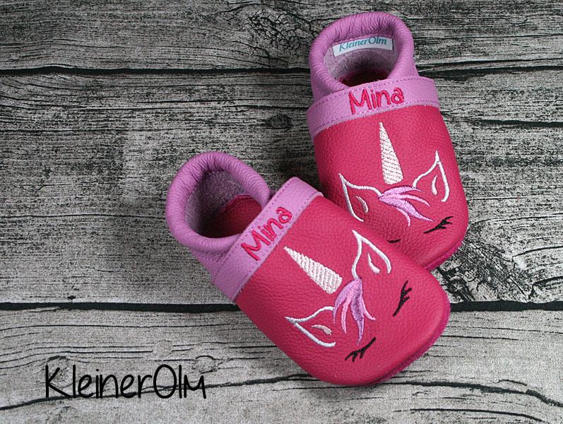 Krabbelpuschen Lederpuschen Babyschuhe Krabbelschuhe Einhorn von KleinerOlm