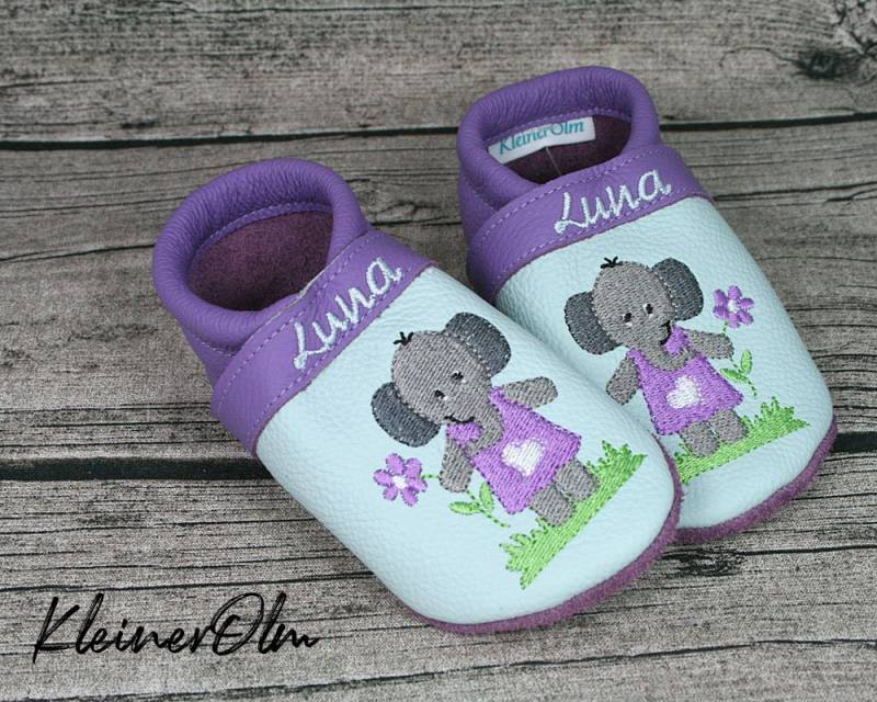 Krabbelpuschen Lederpuschen Babyschuhe Krabbelschuhe Elefant Blume, Mädchen von KleinerOlm