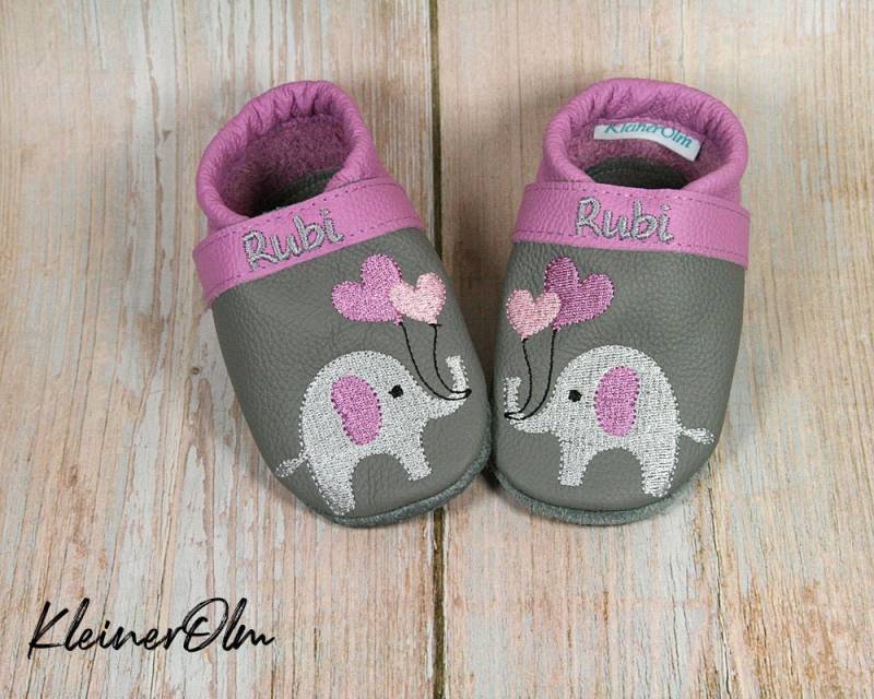 Krabbelpuschen Lederpuschen Babyschuhe Krabbelschuhe Elefant Luftballon von KleinerOlm
