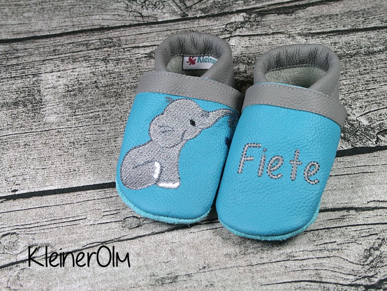 Krabbelpuschen Lederpuschen Babyschuhe Krabbelschuhe Elefant von KleinerOlm