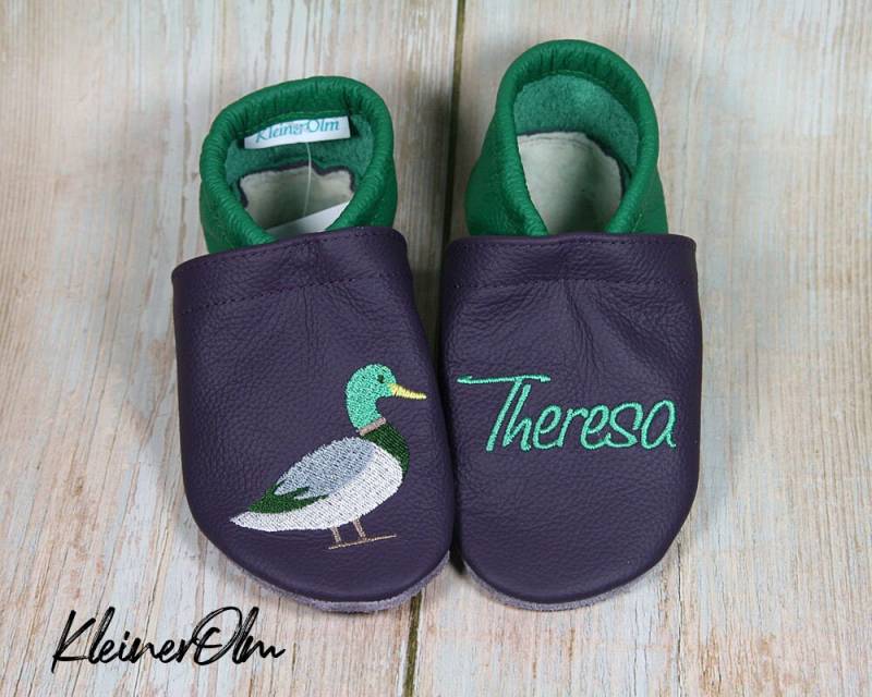 Krabbelpuschen Lederpuschen Babyschuhe Krabbelschuhe Ente Erpel von KleinerOlm