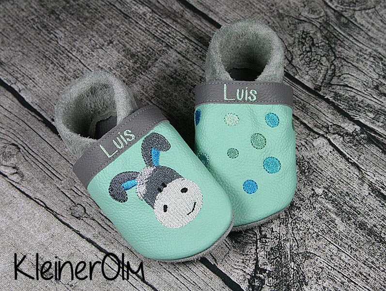 Krabbelpuschen Lederpuschen Babyschuhe Krabbelschuhe Esel Sterne Punkte Mit Namen von KleinerOlm